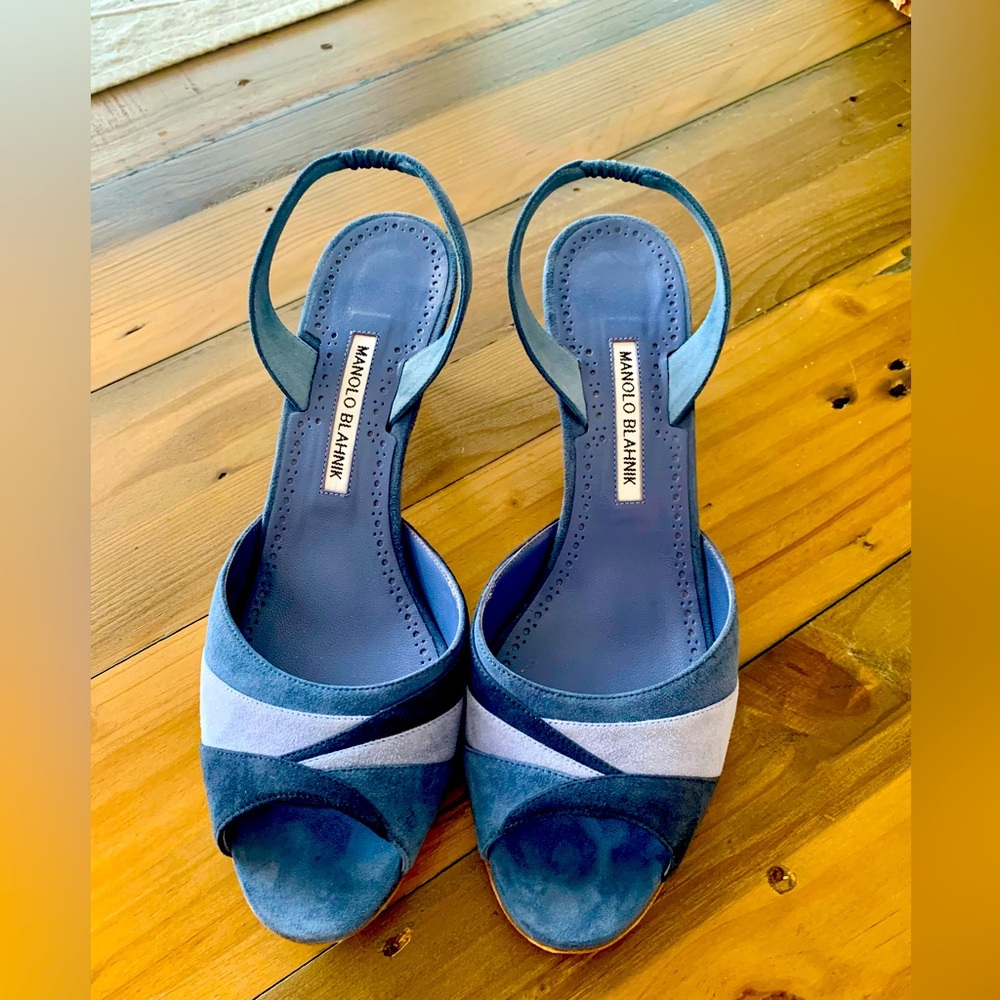 Beautiful Manolo Blahnik open-toed, sling back, suede kitten heels.